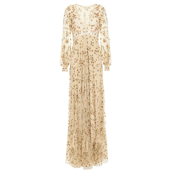 LoveShackFancy Maxi Gown Gold Nude Sequin-Embellished Tulle Janet Dress Sz 0 - Picture 7 of 12